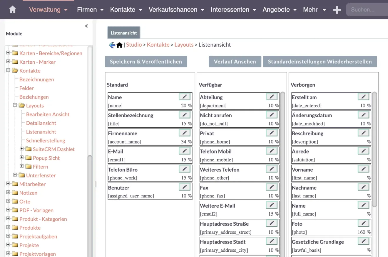 suitecrm listenansich