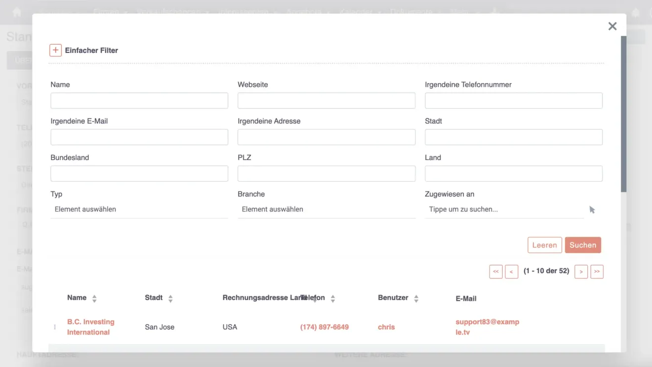 suitecrm nach firmennamen suchen filterung