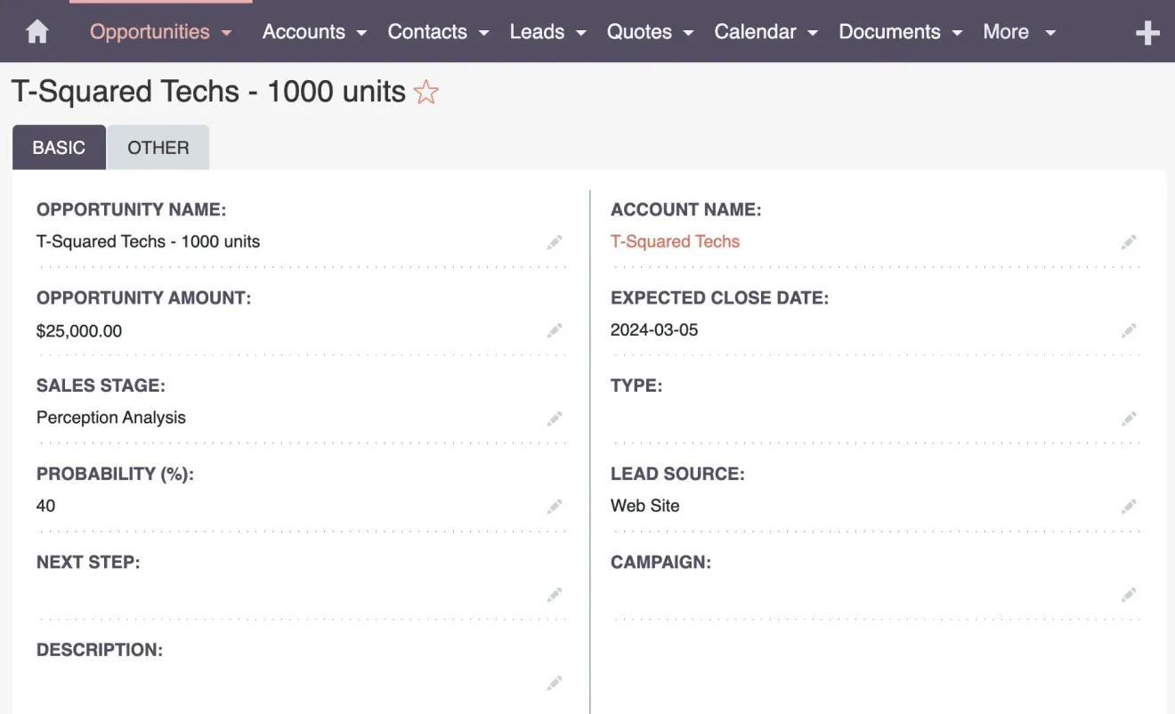 SuiteCRM Opportunity example