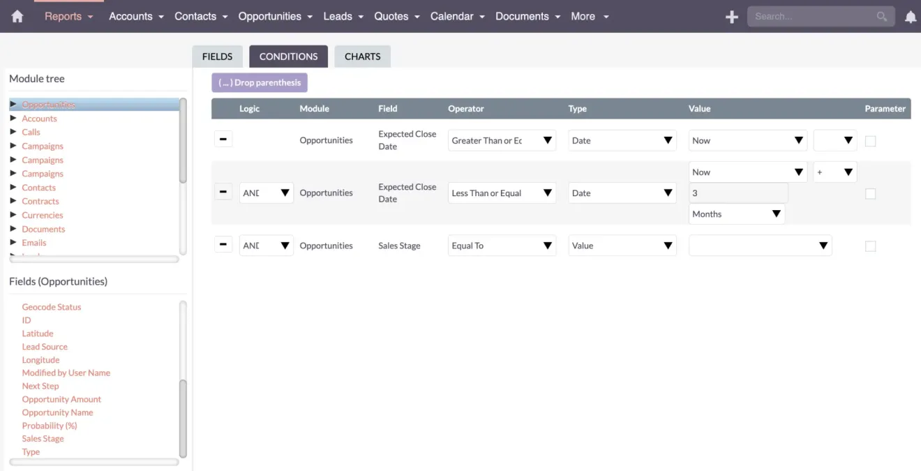 SuiteCRM Report conditions sales stage