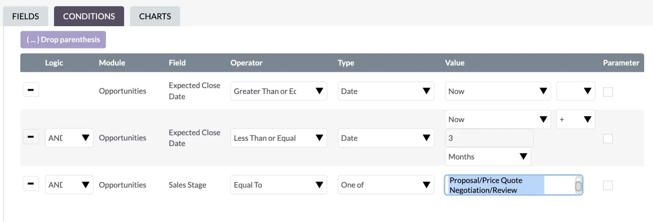 SuiteCRM Report Conditions - equal to one of
