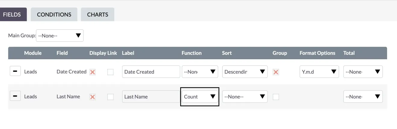 suitecrm reports count function
