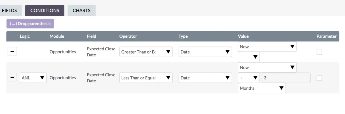 SuiteCRM Reports Filtering Conditions