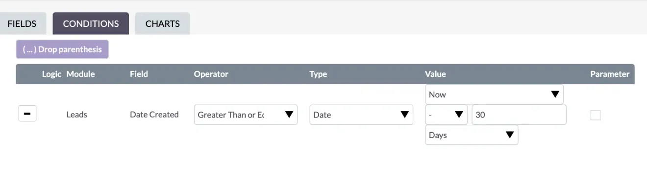 suitecrm reports set conditions for date created