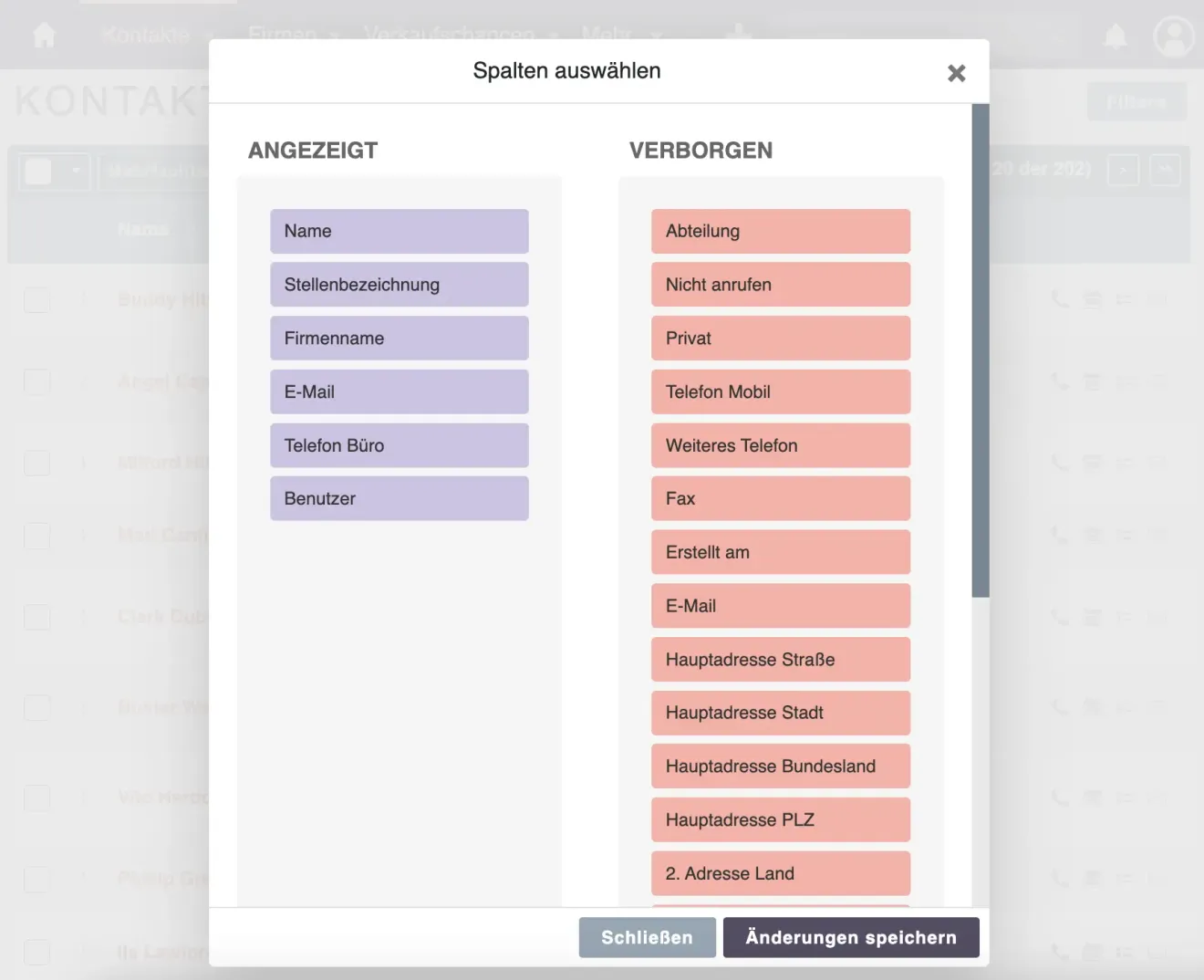suitecrm spalten auswählen