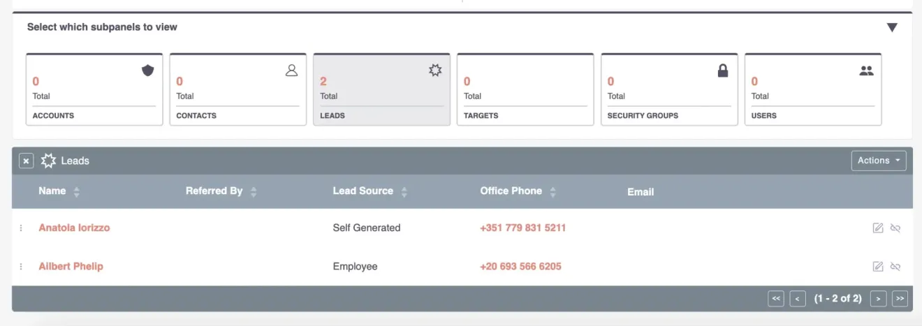 suitecrm target list leads subpanel