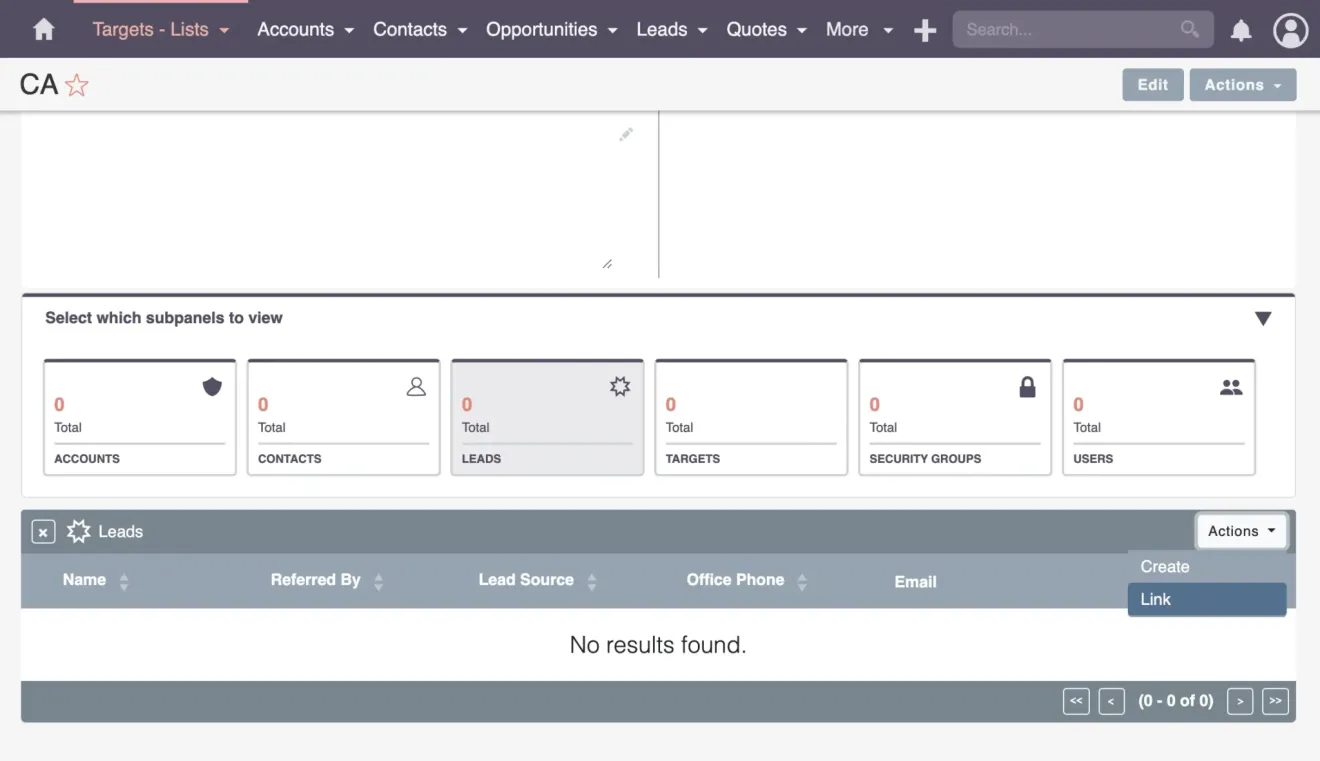 suitecrm target list link
