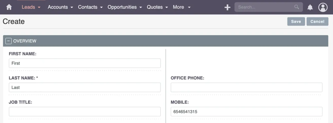 SuiteCRM test and deploy create new lead