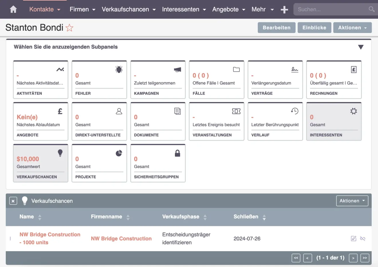 suitecrm unterfenster listenansicht