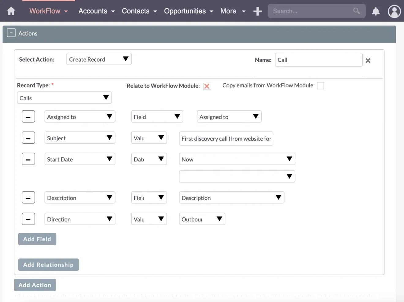 SuiteCRM Workflow Add Fields