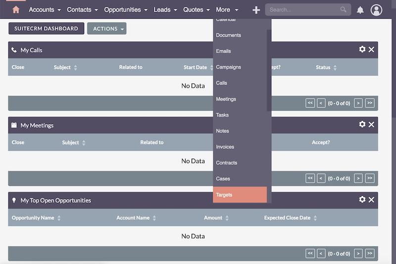 SuiteCRM Targets Leads Contacts Accounts Opportunities